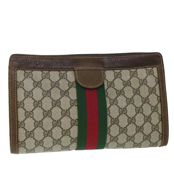 GUCCI GG Canvas Web Sherry Line Clutch Bag PVC Leather Beige Green Auth 54839 - Picture 10 of 16